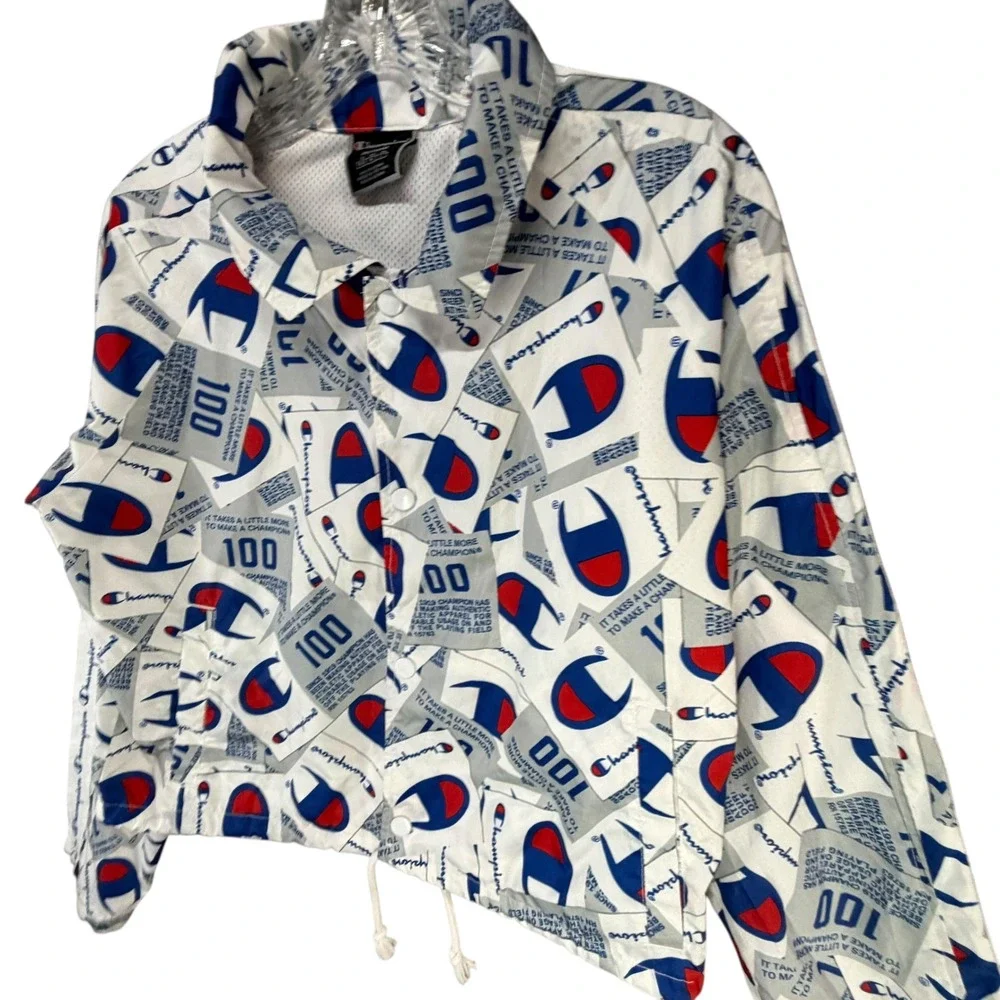 Champion‎ 100 Year Anniversary Cropped Coach Jacket M AOP Logo Y2K Streetwear